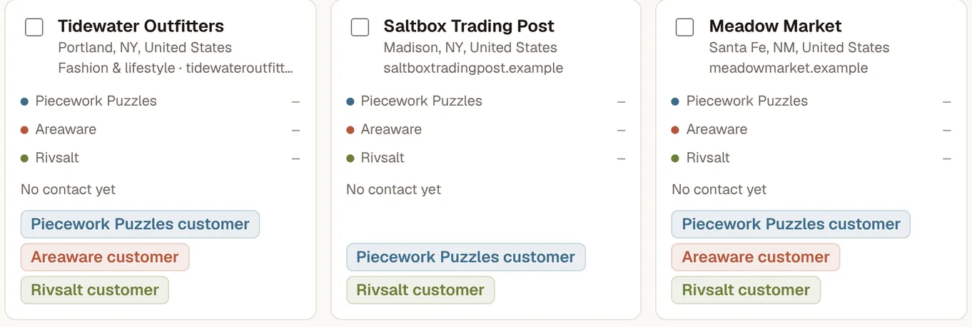 SCRAPE shop cards, each shop marked per brand: Piecework Puzzles, Areaware and Rivsalt