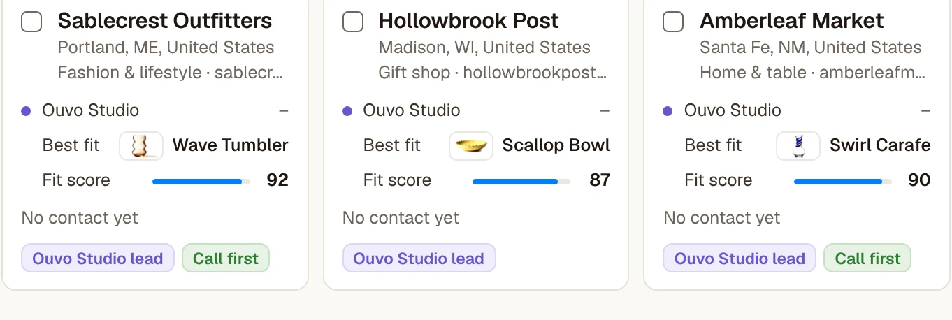 SCRAPE shop cards for Ouvo Studio, each with its best-fit product and fit score